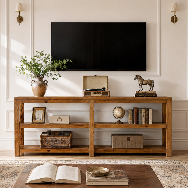 Meuble télé 78,74 po en bois massif, console rustique de style campagnard avec tablettes de rangement ouvertes à 3 niveaux, console multimédia à cadre en X pour le salon