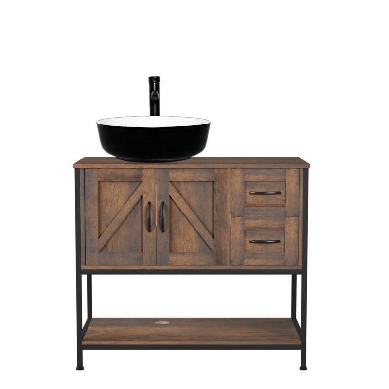 Meuble-lavabo simple 36 po avec lavabo sur pied Farmhouse, Noir / blanc