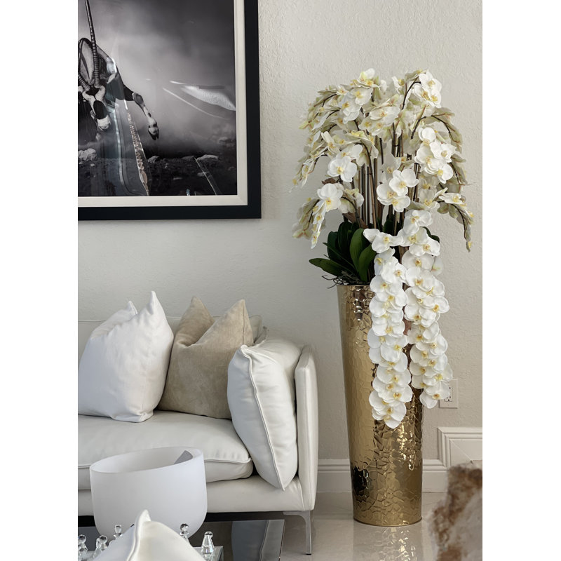 Cascading White Phalaenopsis Orchids In Tapered Hammered Cone Planter, Gold