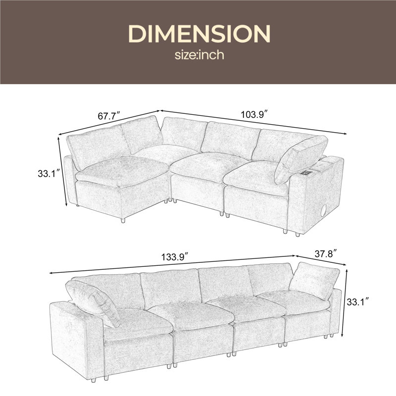 Canapé modulaire rembourré avec espace de rangement, ports de charge USB, charge sans fil et haut-parleur Bluetooth intégré dans les bras, canapé modulaire pour le salon