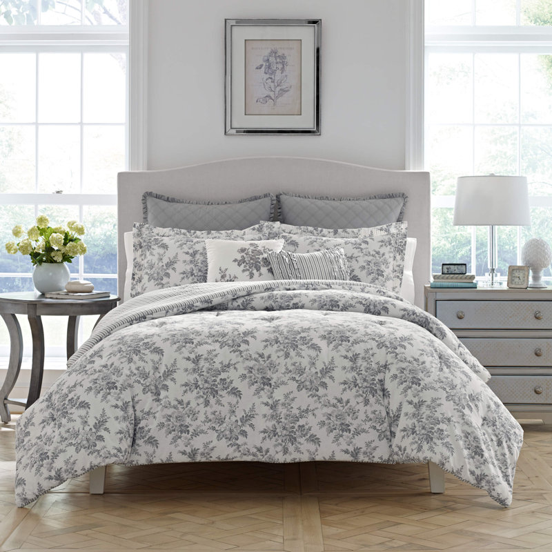 Gray Floral Cotton Full/Queen 7-Piece Bedspread Cover Set