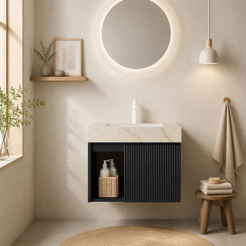 Meuble-lavabo flottant mural de 30 po avec lavabo mural noir, Black, 24", Beige+Gold