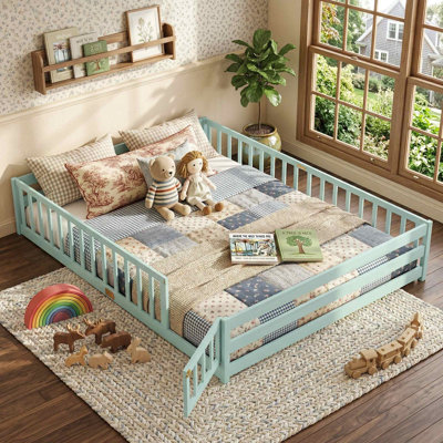 Queen Size Kids Montessori Floor Bed Frame, Full-Length Safety Guardrails, Non-Toxic Scratch-Resistant Finish, No Box Spring Needed