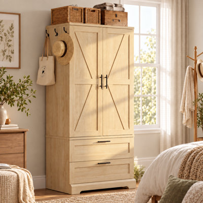 Armoire de style campagnard de 71 po de hauteur avec mouvement à DEL, 2 tiroirs profonds et crochets latéraux, garde-robe autoportante avec tringle pour vestibule de chambre à coucher