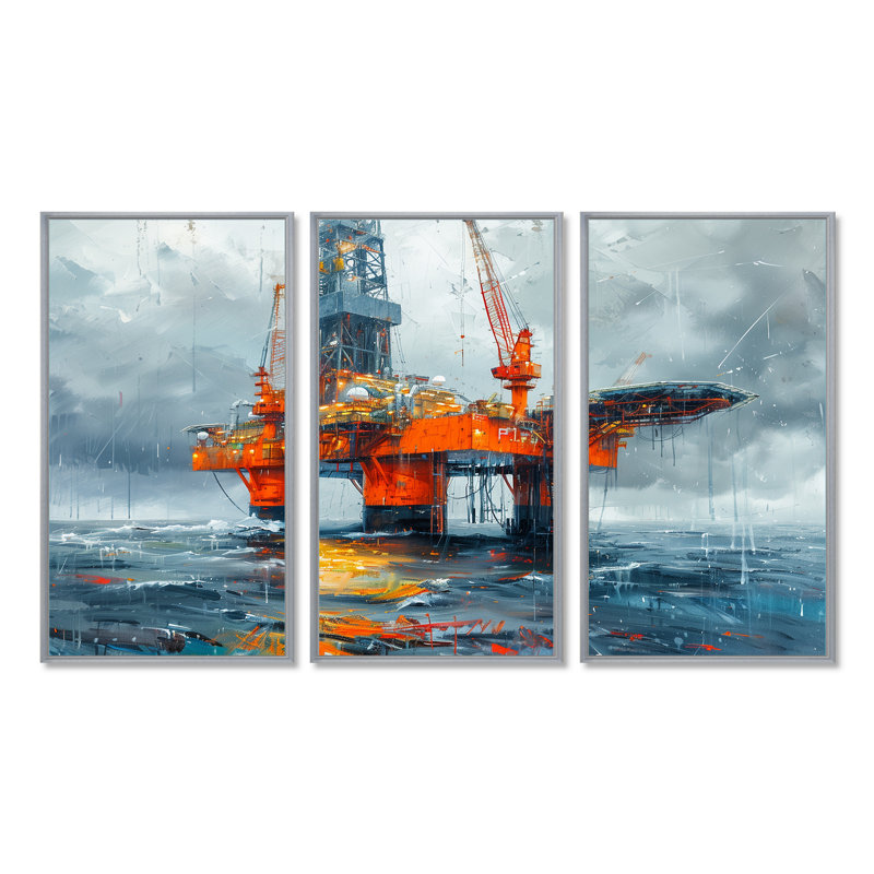 «Grey Orange Summer Oil Rig In Ocean» - ensemble d'art mural de plateformes et champs de pétrole, H 40 po x l 60 po x P 1 po