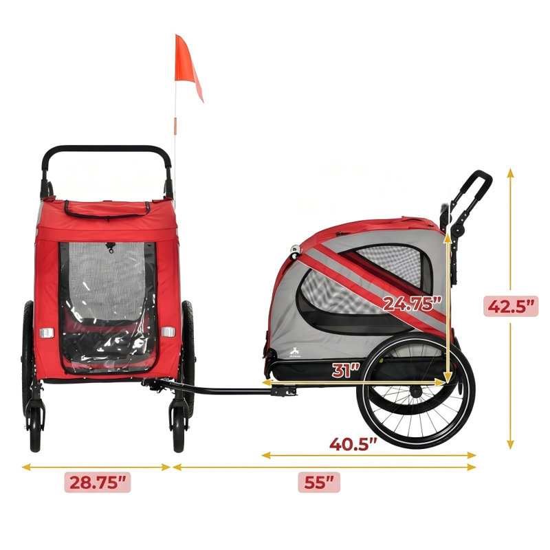 Remorque rouge 2-en-1 pour petits chiens, fonctionnant comme une poussette visible sur la route et un chariot à vélo résistant aux intempéries avec une voiture latérale