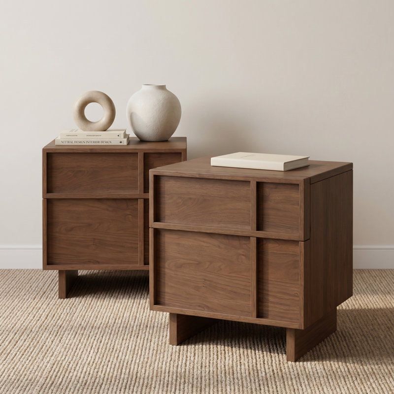 19"H Low-Profile Solid Ash Wood Nightstand with 2 Drawers (Set of 2), Brown Ash, Set of 2