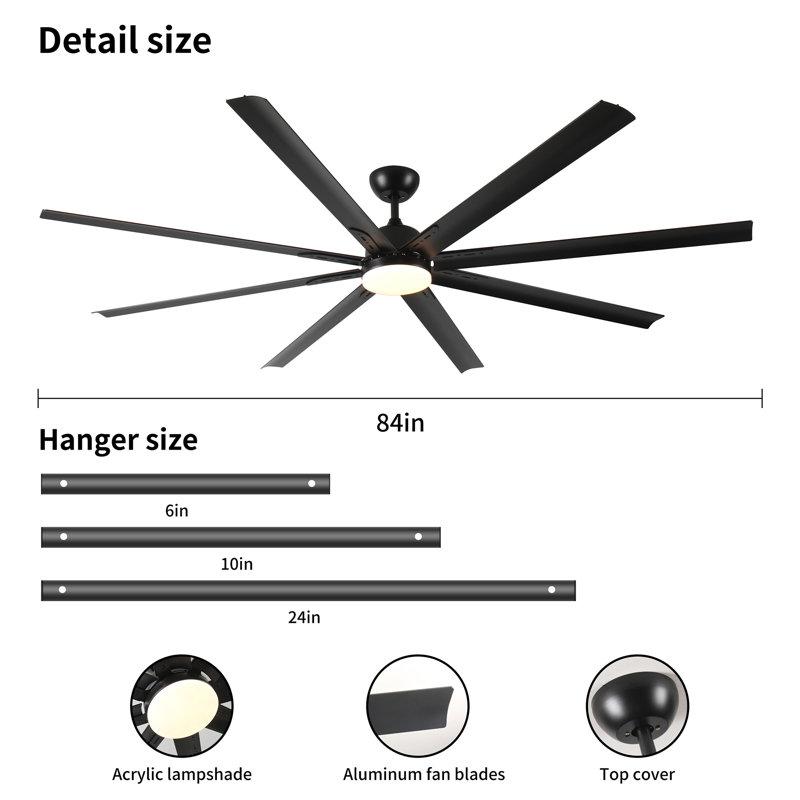 Très grand ventilateur de plafond noir 84 po avec télécommande, Noir, 84 po de largeur
