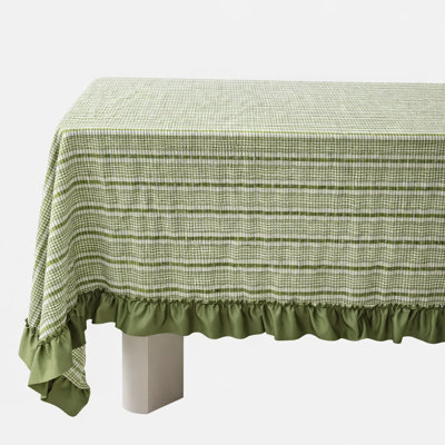 Farmhouse Plaid Ruffled Green Cotton Blend Rustic Tablecloth 64 X 72 Inch