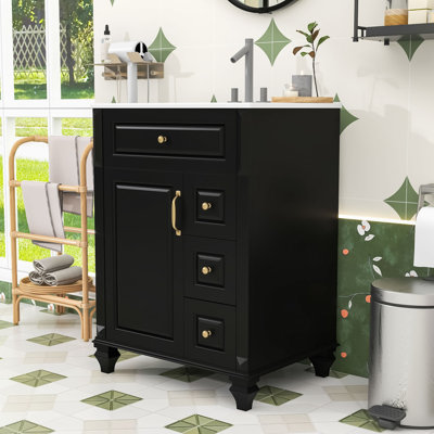 Meuble-lavabo autoportant élégant avec lavabo en céramique, tiroir rabattable, tablette réglable et support de rangement