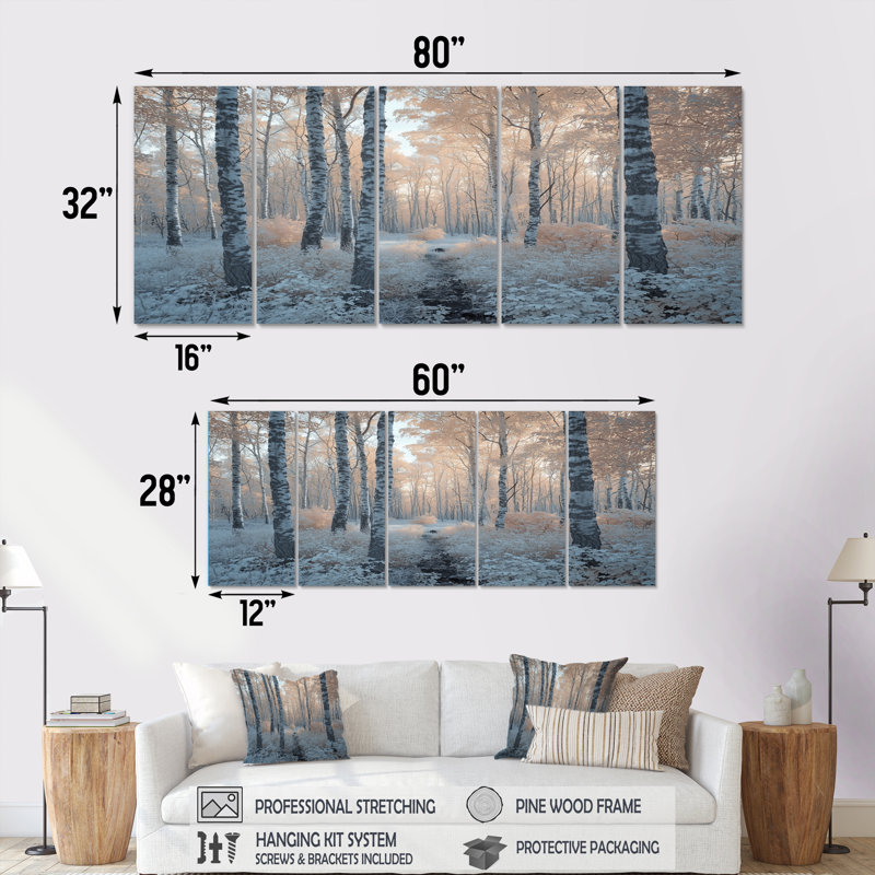 Hiver, forêt de bouleaux, photo II - ensemble de salon d'art mural paysage d'hiver, H 32 po x l 80 po