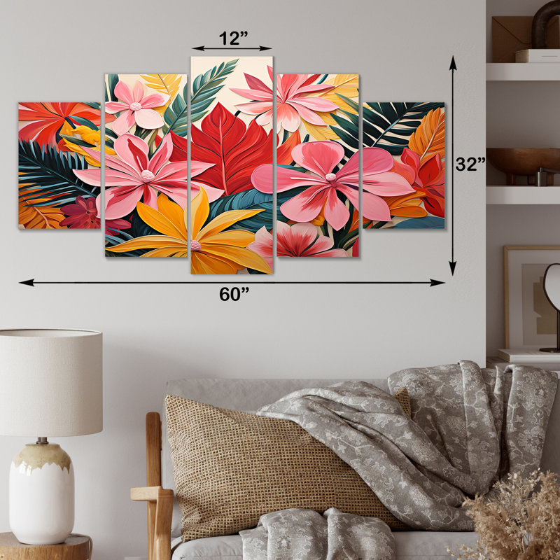  «Pink Floral Tropical Jungle Pattern II - Flowers Multipanel Wall Art Canvas