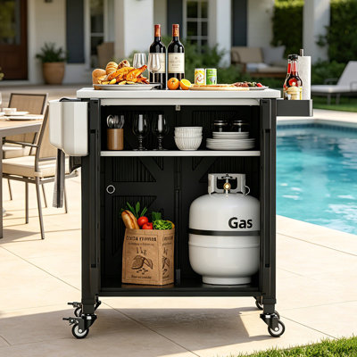 Chariot de préparation extérieur pour barbecue roulant, plan de travail en acier inoxydable, rangement pour réservoir de propane, roues verrouillables, table de salle à manger de camping pliable à extension latérale