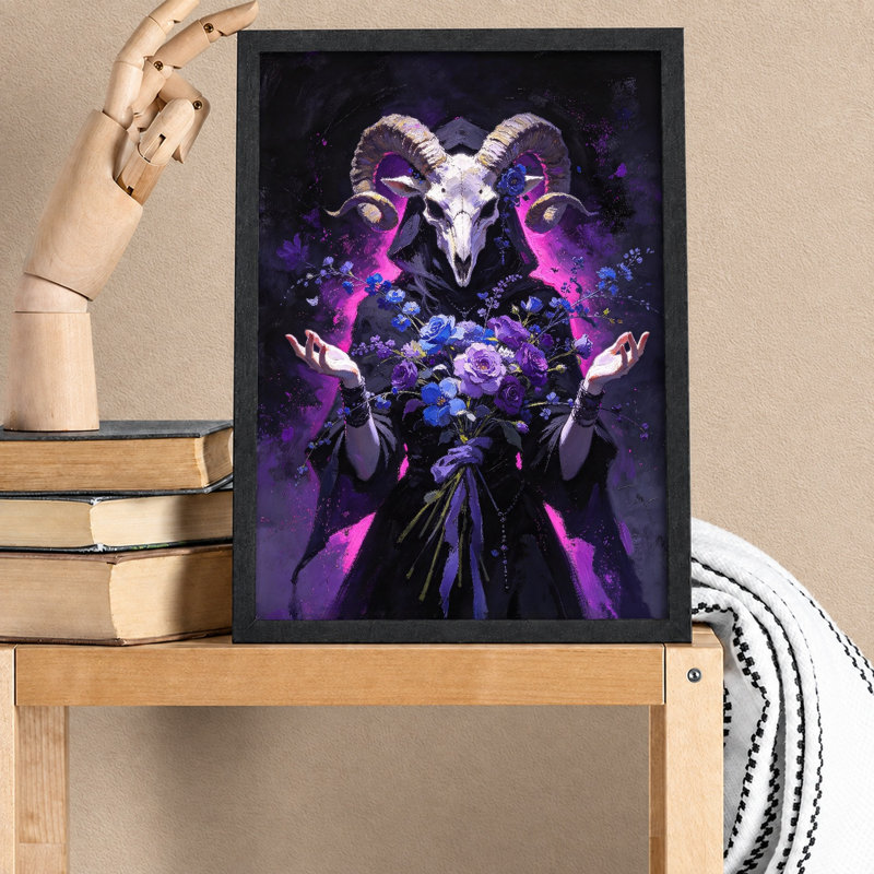 Goat Holding a Bouquet of Flowers Black Framed Canvas Wall Art, H 17 po x l 13 po