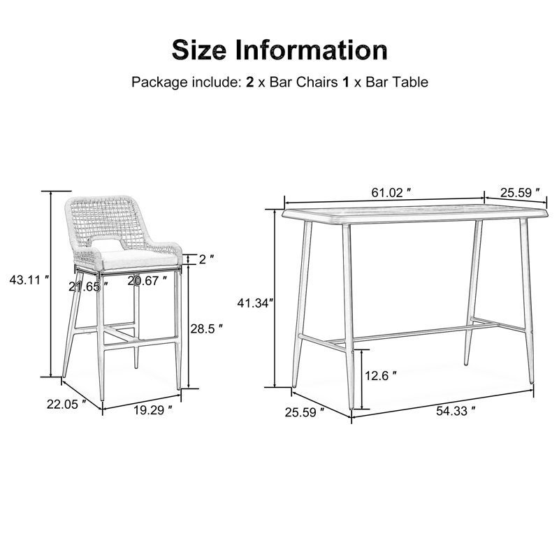 Latitude Run® 3 Pieces Patio Bar Set Modern High Top Table And Wicker Bar Chairs Set For Poolside Pub Cafe Backyard Lawn Outdoor Bar Table And Bar Height Stools Set