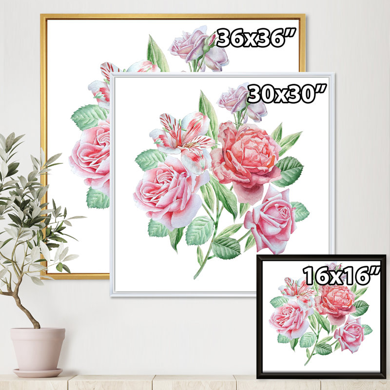 «Spring Flowers Alstroemeria Rose», peinture sur toile, Cadre flottant noir, H 16 po x l 16 po x P 1 po