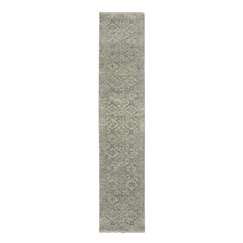 Tapis gris moyen, 2 pi 5 po x 12 pi, finition antique, motif de jardin effacé et brisé, laine naturelle nouée à la main, velours zéro, tapis court