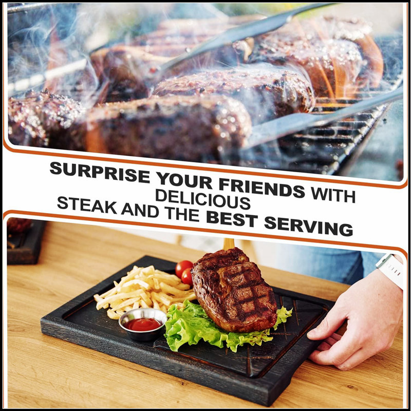 Planche à steak en bois de chêne massif, durable et ergonomique pour barbecue et charcuterie, avec rainure à jus et poignées