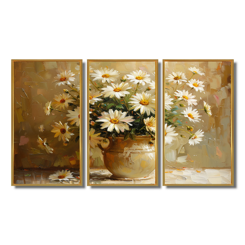 Nature morte avec marguerites jaunes et blanches - ensemble de décorations murales marguerites, Toile avec cadre flottant or