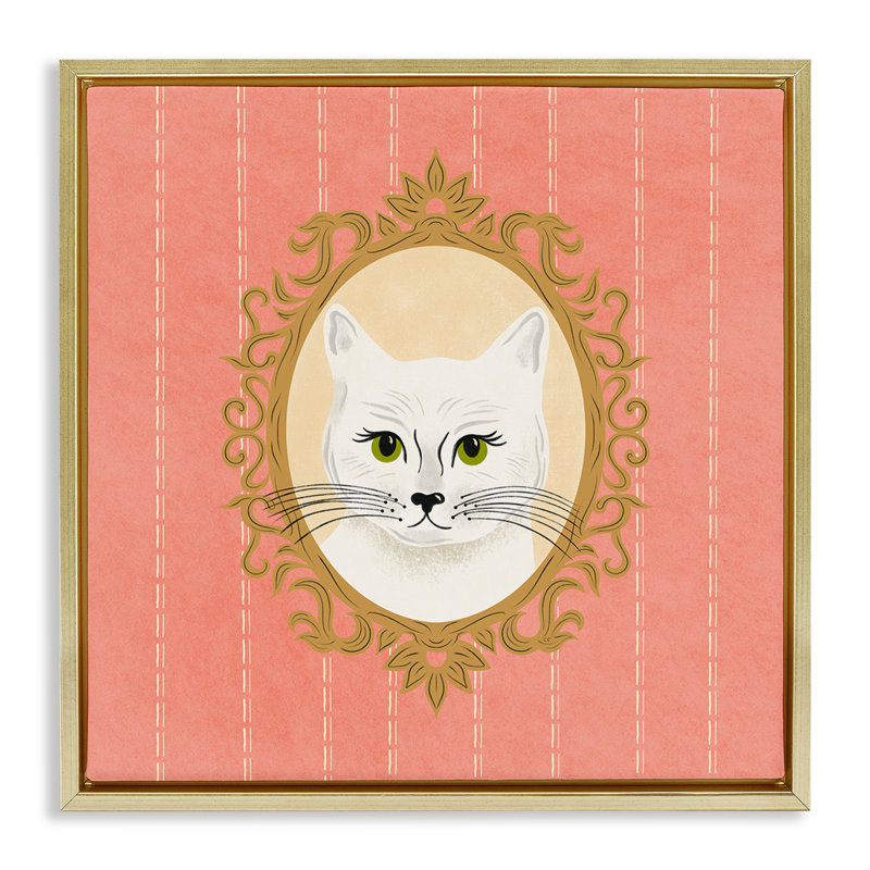 «White Cat Portrait» par Carrie Cantwell, H 18 po x l 18 po, Cadre flottant métallique doré