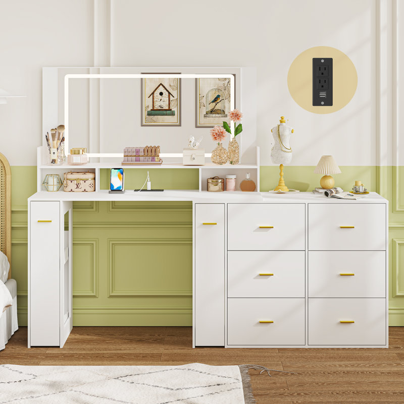 Vanity Desk With Outlet, Big Corner Vanity With Storage, L Vanity