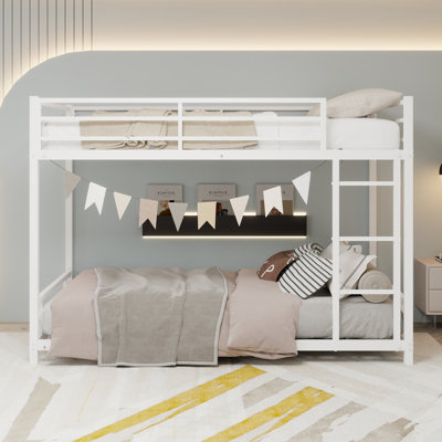 White Bunk Bed Twin Full W/ Safety Guardrails & Removable Stairs by Ebern Designs