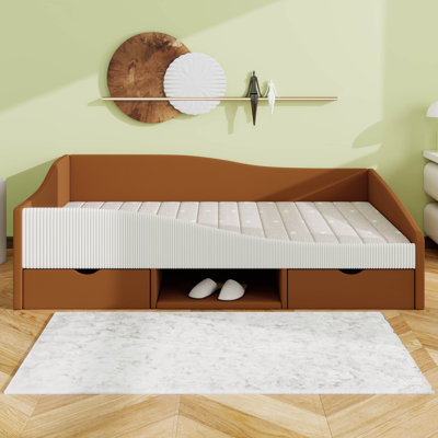 Lit plateforme tapissier avec 2 tiroirs de rangement, garde-corps et tablette rembourrée