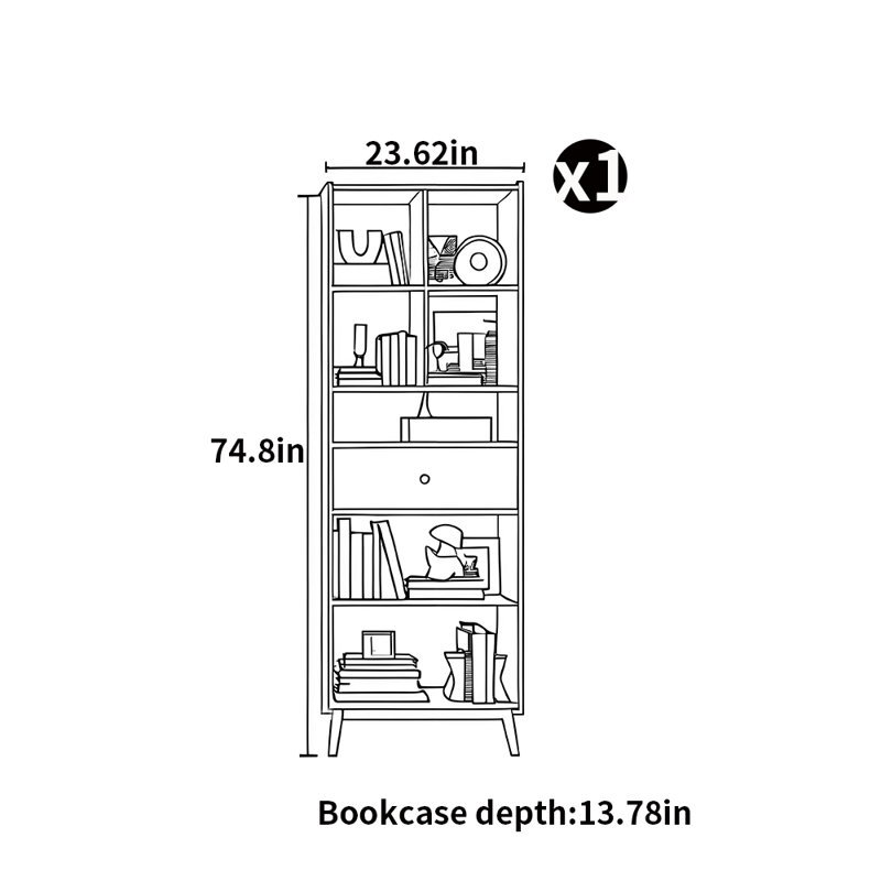 Light luxury modern style bookcase, (6 Shelves) 74.80"H x 23.62"W x 13.78"D