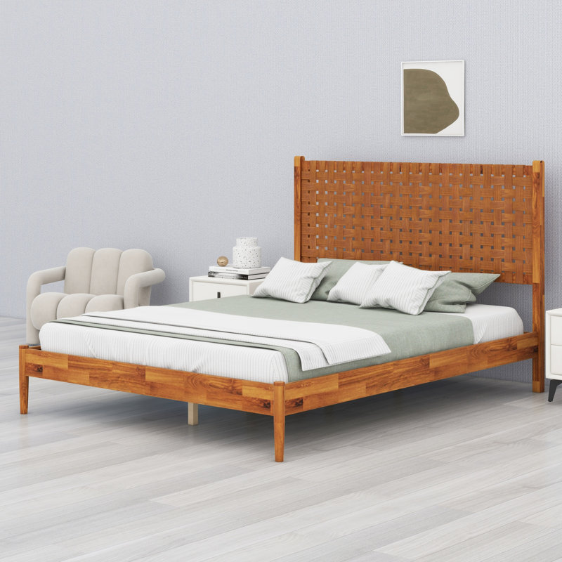 Lit en bois de style Mid-Century intemporel avec tête de lit tissée à la main, Grand lit, Caramel