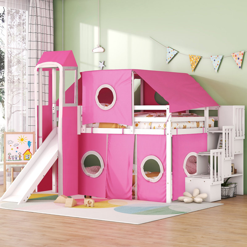 Lit mezzanine avec tente et tour, Rose, Lit double