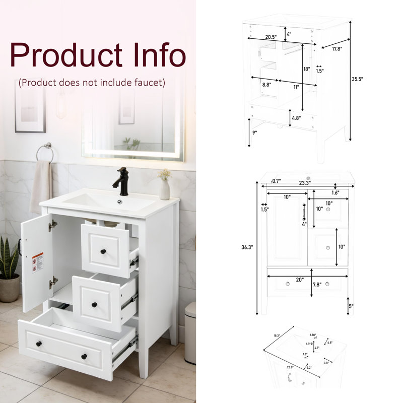 Meuble-lavabo moderne de 24 pouces avec lavabo, 1 armoire avec porte à fermeture douce et 3 tiroirs à fermeture douce, Blanc