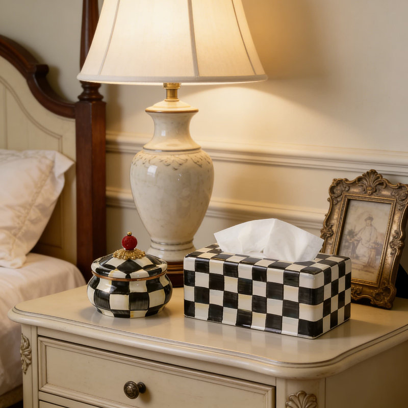 Elegant Tissue Box Cover For Home Decor, Hand-Painted Black And White Checkered Pattern, Decorative Holder For Standard Tissue Boxes
