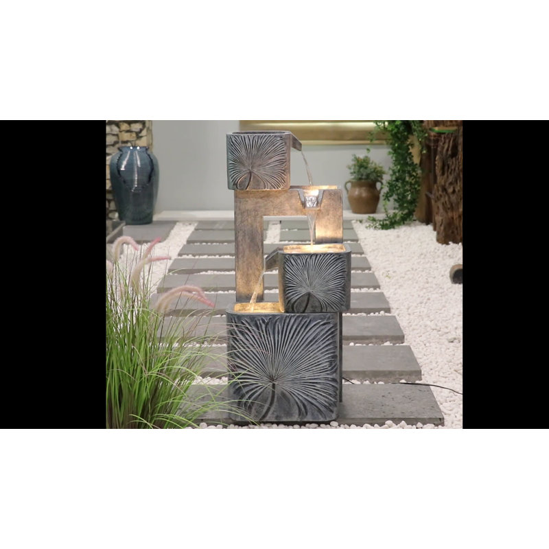 Modern Gray Concrete Tiered Outdoor Fountain with LED Lights