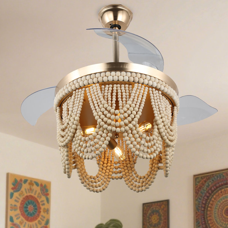  42" BoHo Gold Retractable Ceiling Fan with Light Kit and Remote Wooden Beads Shade 6-speed Reversible DC Motor, Gold