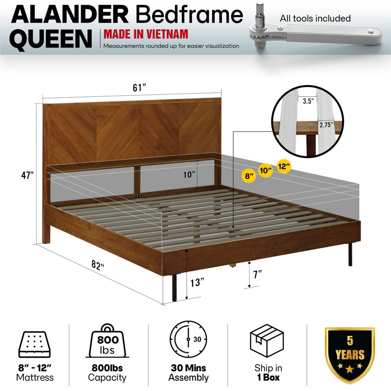  Solid Wood Bed Frame with Headboard, Platform Bed 800lbs Capacity, Compatible with All Mattress Types, Scandinavian Signature, No Box Spring Needed