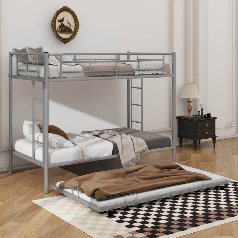 Twin Over Twin Metal Bunk Bed With Trundle, Two Ladders, And Secure Guardrails, Silver