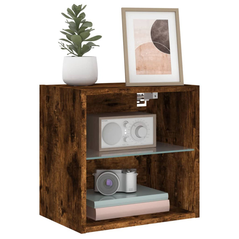 vidaXL Bedside Cabinet with LED Lights Storage Side Table Floating Nightstand, Smoked Oak