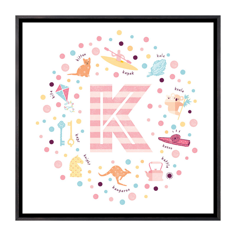 Lettre illustrée K rose - impression, Pas de tapis, H 26 po x l 26 po x P 1,5 po, Toile avec cadre noir patiné