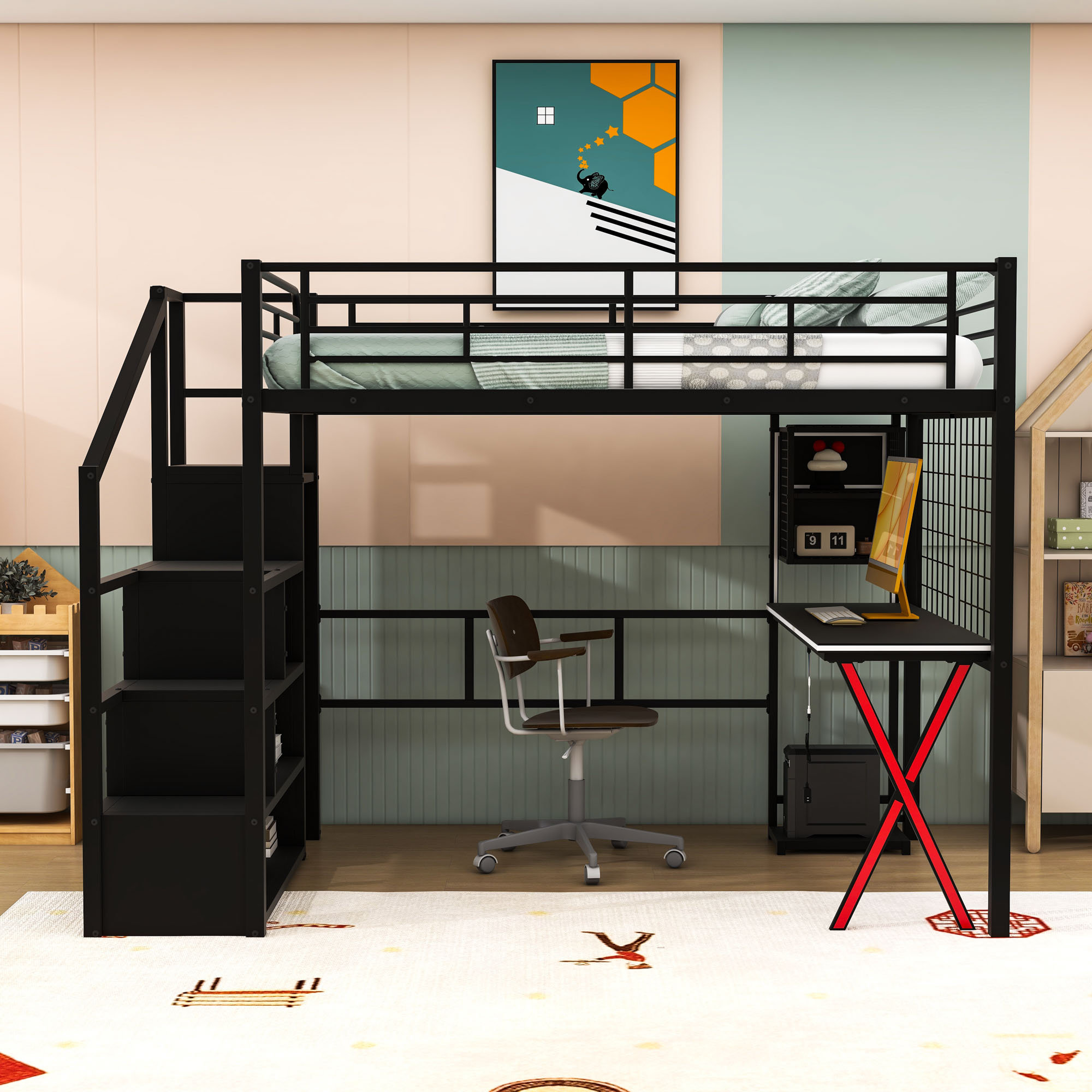 Harriet Bee Full Size Metal Loft Bed with LED Workstation, Wardrobe ...