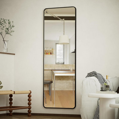 14" X 48" Full Length Over The Door Mirror, Adjustable Height Hanging Full Body Mirror With Shatterproof Tempered Glass And Aluminum Alloy Frame For Bedroom, Bathroom, Or Living Room, Black