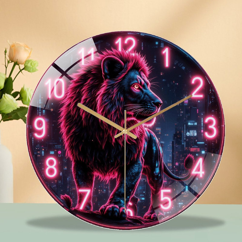 Horloge murale néon lion, horloge murale 12 po