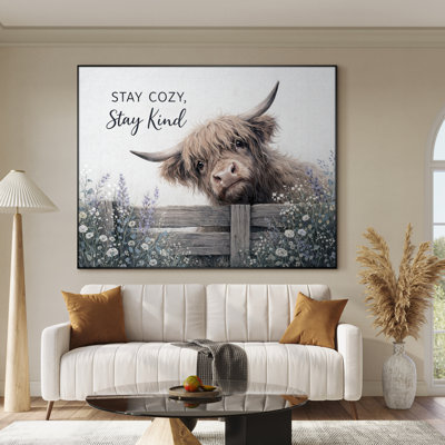 Très grande reproduction d'art sur tissu - Vache Highland brun, décor de chambre à coucher rustique - "Assemblage requis (cadre non fini)"