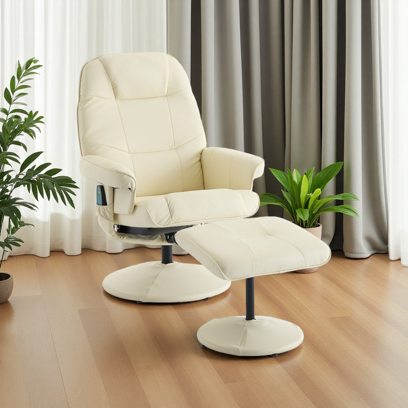 Fauteuil inclinable contemporain en cuir 29,5 po avec repose-pieds pivotant en métal, Similicuir beige