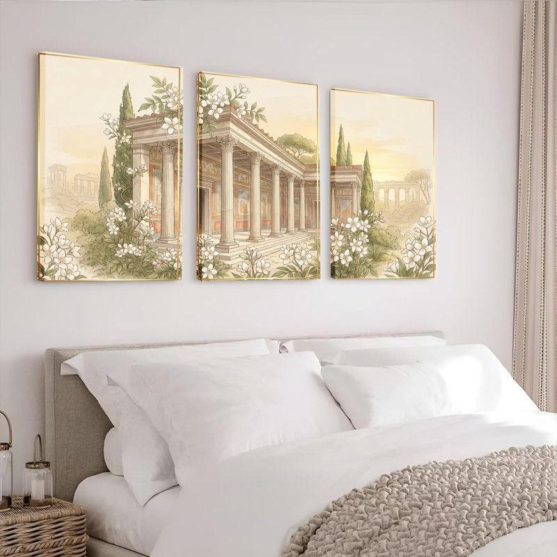 Ensemble de 3 tableaux sur toile représentant un temple grec classique avec des fleurs blanches et des colonnes