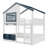 Full Size Bunk Bed/Loft Bed With Bookshelf, House Design, High-Quality Safety Fencing,White & Blue