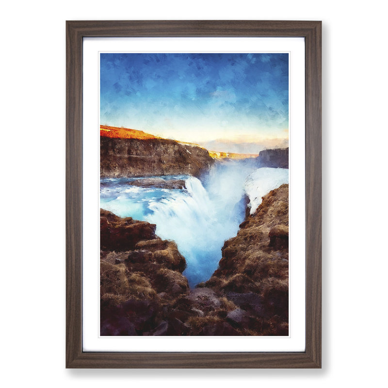 A Waterfall in Iceland - Picture Frame Painting, 36cm H x 27cm W x 2cm D, Walnut Framed