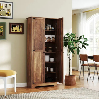 Brown 72" Freestanding Farmhouse Kitchen Pantry Cabinet, 2 Recessed Door Tall Food Storage Organizer with 4 Adjustable Shelves, Total 106 Lbs Weight Capacity for Kitchen Dining Hallway