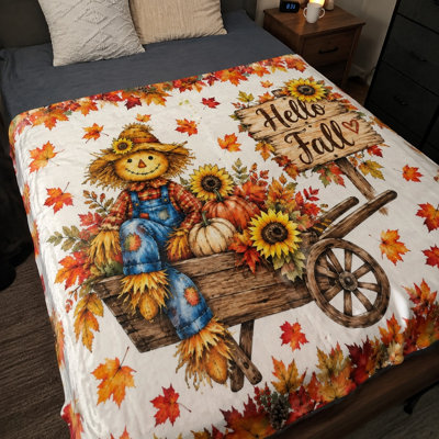 Cozy Scarecrow and Sunflower Print Plush Blanket, Fall Themed Sherpa Bedding for Sofa, Couch, Bedroom, Living Room Home Decoration