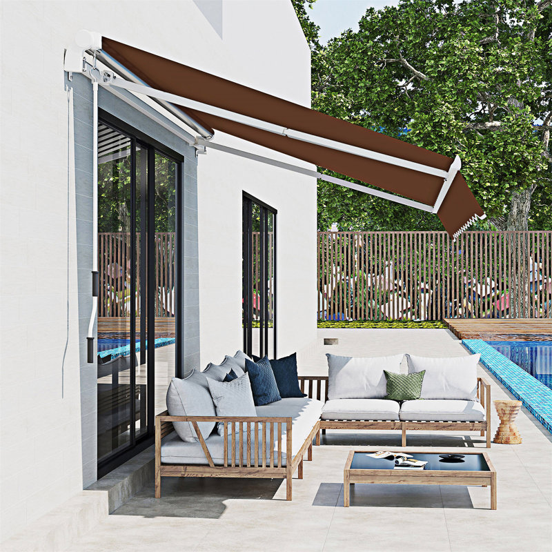 Outsunny Retractable Awning, Patio Awnings W/ Manual Crank Handle, Brown, 155.52" W x 96.52" D