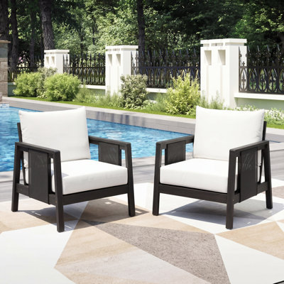 Fauteuils club d'extérieur, structure en bois d'acacia avec accents textilène noir, coussins blancs hydrofuges pour patio / cour arrière / terrasse, L 31,5 po x l 31,5 po x H 31,5 po, bois d'acacia, textilène, tissu imperméable, 2 ...